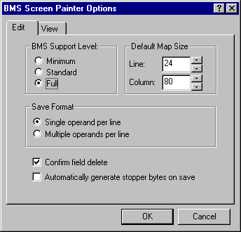 The BMS Screen Painter Options Dialog Box - Edit Page