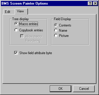 The BMS Screen Painter Options Dialog Box - View Page