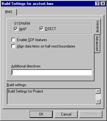 The Build Settings Dialog Box For BMS