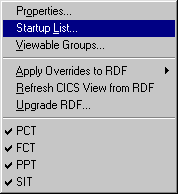 The CICS Tree View Popup Menu