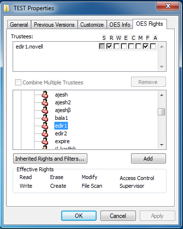 NetWare Rights Tabbed Page