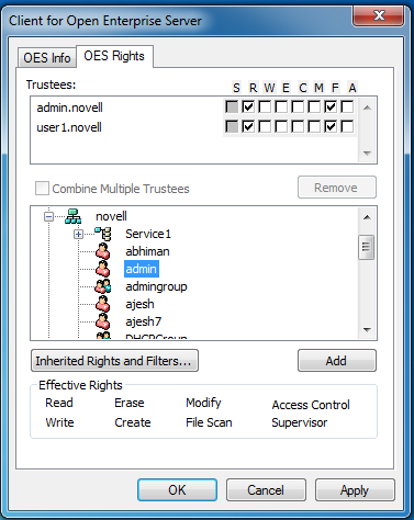 Novell Rights Dialog Box