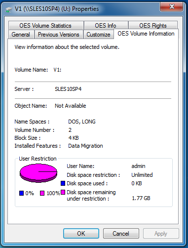 Client for OES Volume Information dialog box