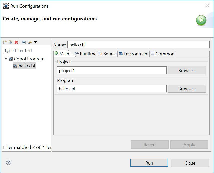 Hello.cbl Run Configurations