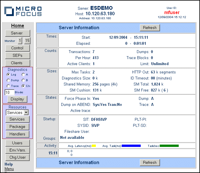 ESMAC Server information page for CICS