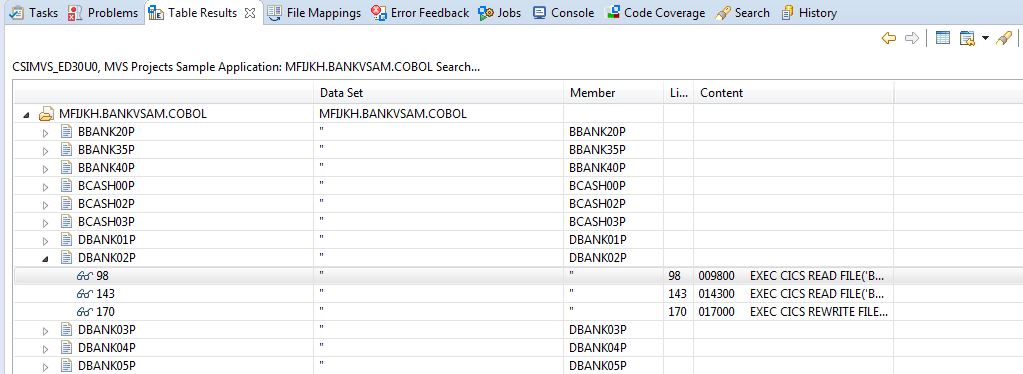 MVS Project Sample Application Search Line