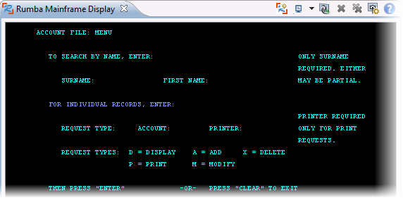 CICS Application in the Rumba Mainframe Display