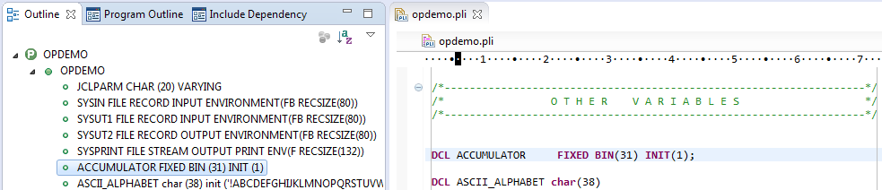 Outline view displays the structure of the file being edited