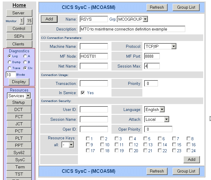 Example of MTO to Mainframe Connection Definition