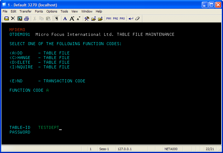 The "Add Testdept Table" Screen in Transaction MFDEMO