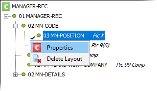 Properties option of a layout item