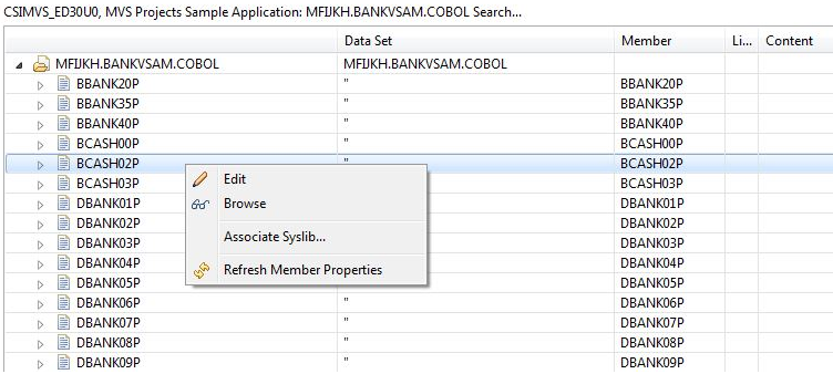 MVS sample application to search member type with results displayed in table results view