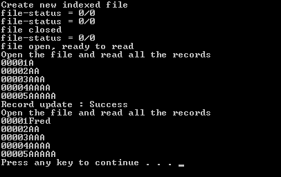 Annotated output showing file operations, contents and statuses