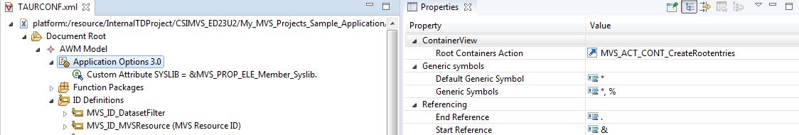 MVS Projects sample application associating the root containers action