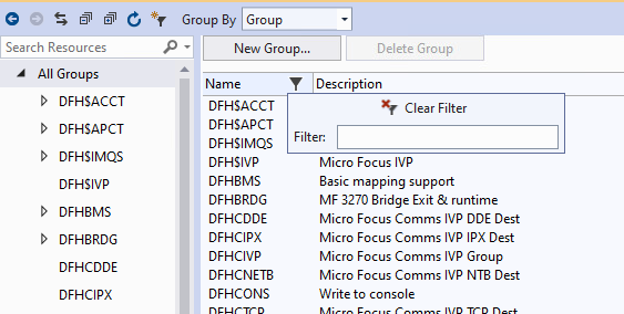 The CICS Resources window showing the resources sorted by group