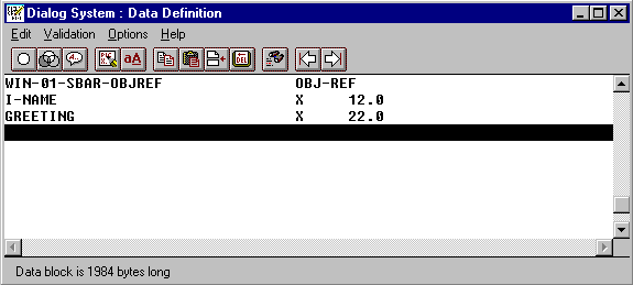 Data Definition Window with Data Declarations