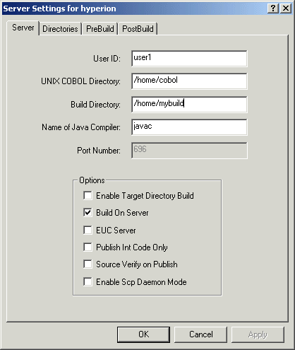 The Server Settings for servername Dialog Box