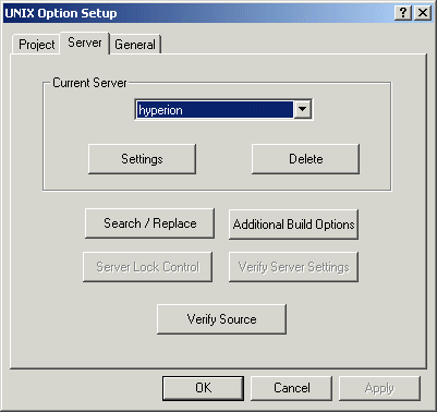 The Server Tab of the UNIX Option Setup Dialog Box