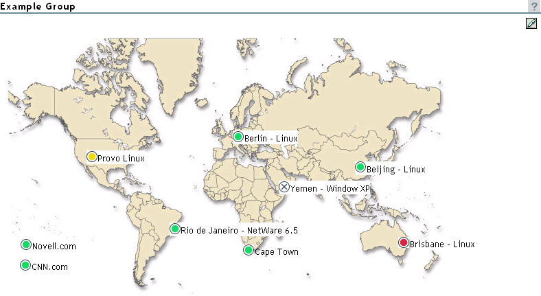 An example group with NRM server health, connectivity to a Web page, and ping items.