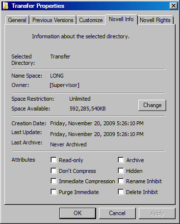 Sample NetWare Info Dialog for the Novell Client