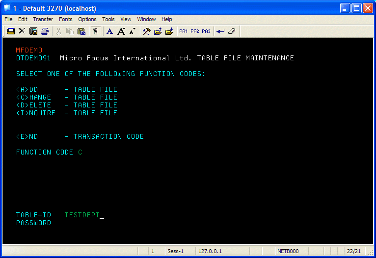 The "Change Testdept Table" Screen