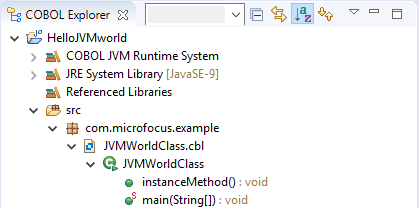 The tree view displays the package, the COBOL program, the main class, and the methods of the class