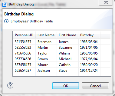 Sample Table Dialog