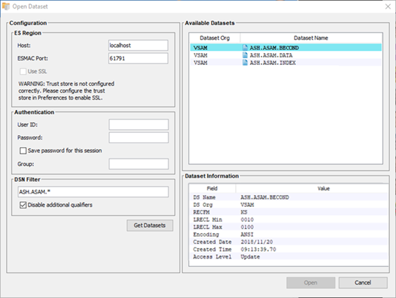 The Open Dataset dialog box