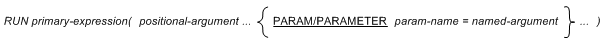 RUN primary-expression( positional-argument... {PARAM/PARAMETER param-name = named-argument }... )