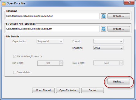 The Open Data File dialog box