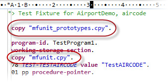 Copybook entries in test code