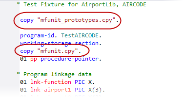 Copybook entries in test code