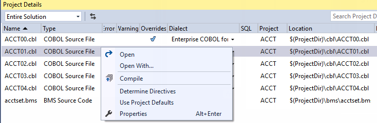 Right-click a line in the Project Details window to access the context menu commands. The commands enable you to open files, compile them, trigger a directives scan, apply the settings from the project, and access the file properties.