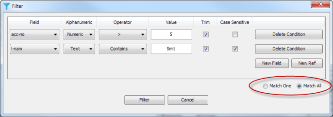 The Filter dialog box showing the Match One Match All options